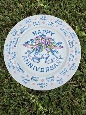 Happy Anniversary Decorative Plate with Pink & Blue Floral Bells Vintage